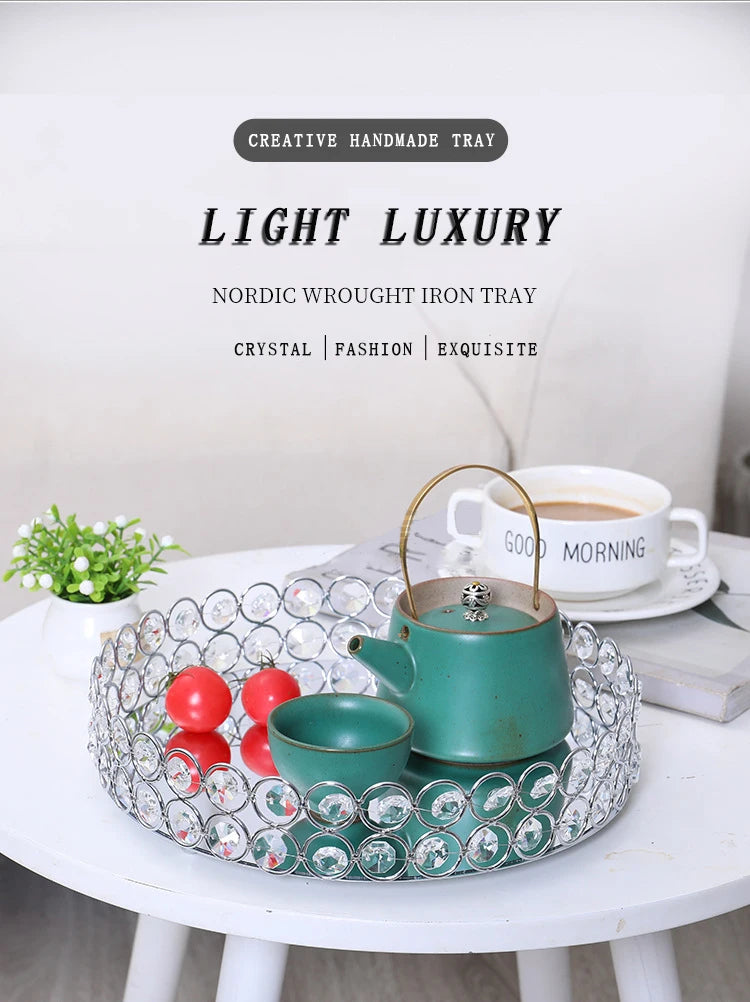 Vassoio rotondo in cristallo con specchio, vassoio da portata di lusso