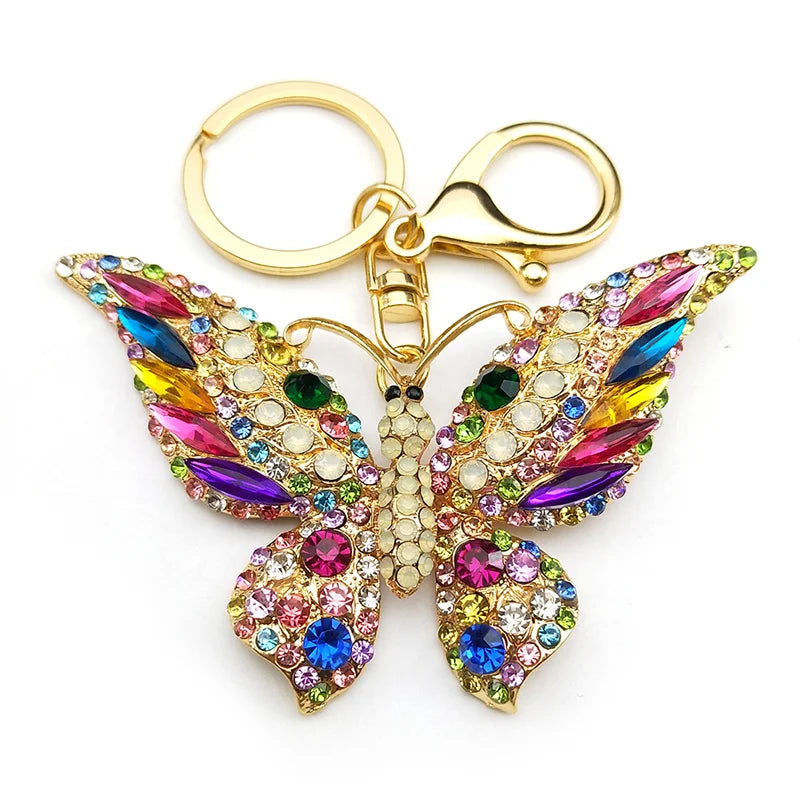 Portachiavi con ciondolo a farfalla in strass colorati color oro