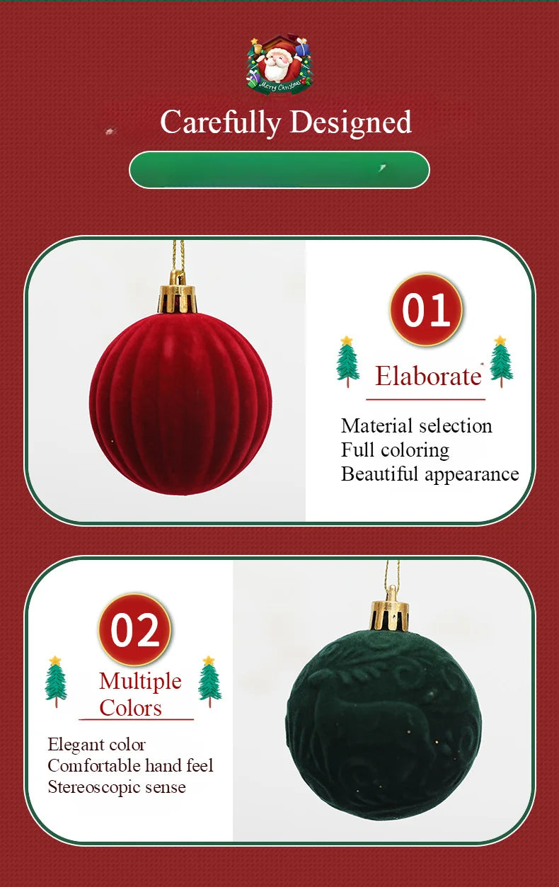 Decorazioni natalizie con palline rosso vino e albero di Natale bianco e verde scuro.