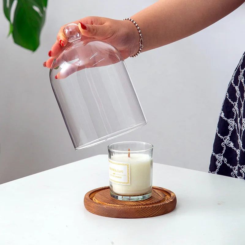 Portacandele in vetro con base in legno per aromaterapia