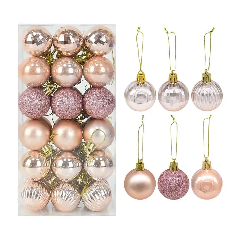 Palline di Natale decorative in plastica color rosa, oro e colori assortiti, confezionate in scatola.