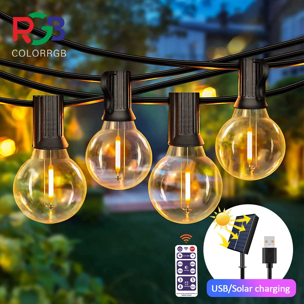 Luci di Natale da esterno, luci da patio, alimentate a energia solare e tramite USB, impermeabili.