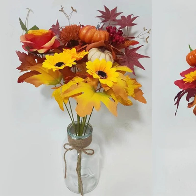 Bouquet di arance natalizie con girasoli artificiali e foglie d'acero
