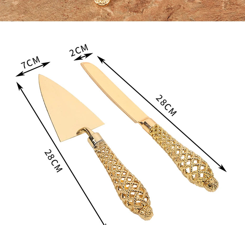 Set di coltelli e posate per torta, 2 utensili per tagliare la torta dorati, prodotti da KONCO.