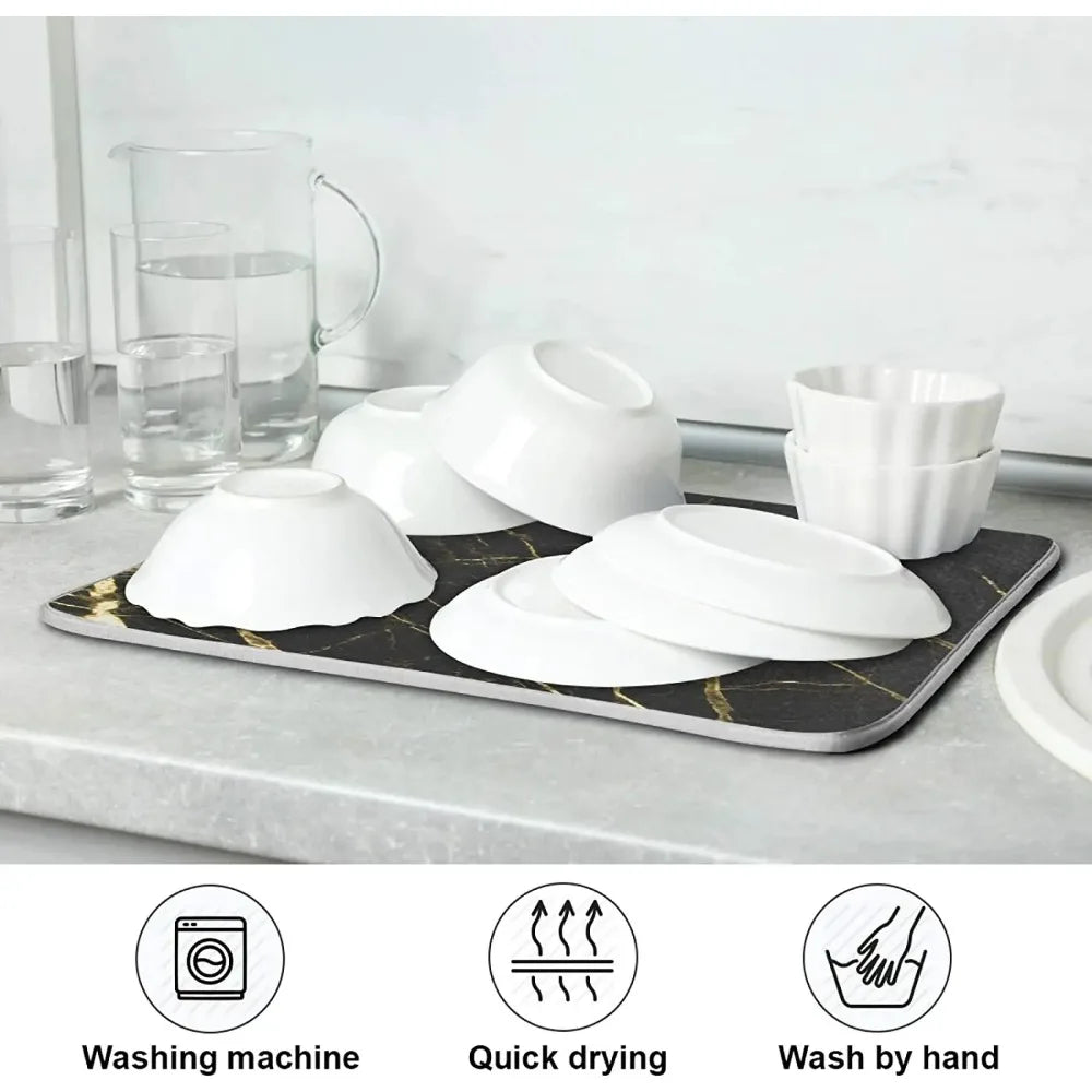 Tappetino assorbente per asciugare i piatti per il bancone della cucina con anello per appenderlo, marmo nero e oro