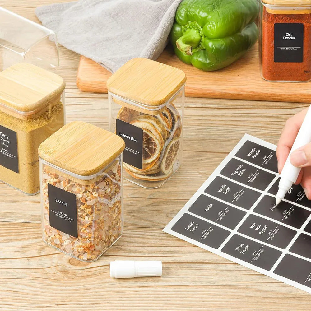 Barattoli per spezie in vetro con coperchio in bambù, contenitori quadrati ermetici da 8 once.