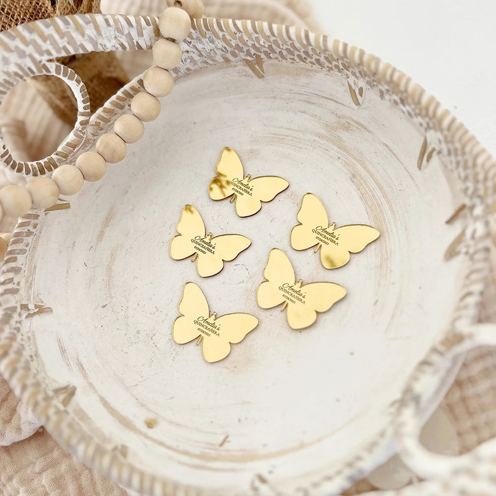 Etichette a specchio in acrilico, etichette personalizzate con bomboniere a forma di farfalla.