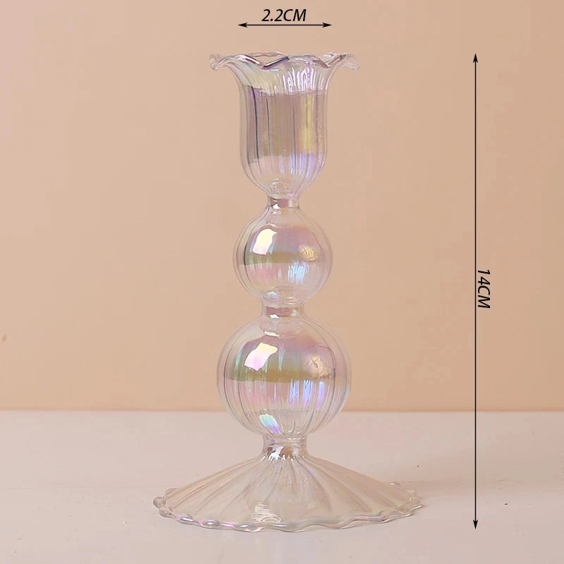 Portacandele in vetro blu navy con motivo a strisce floreali