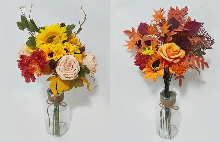 Bouquet di arance natalizie con girasoli artificiali e foglie d'acero