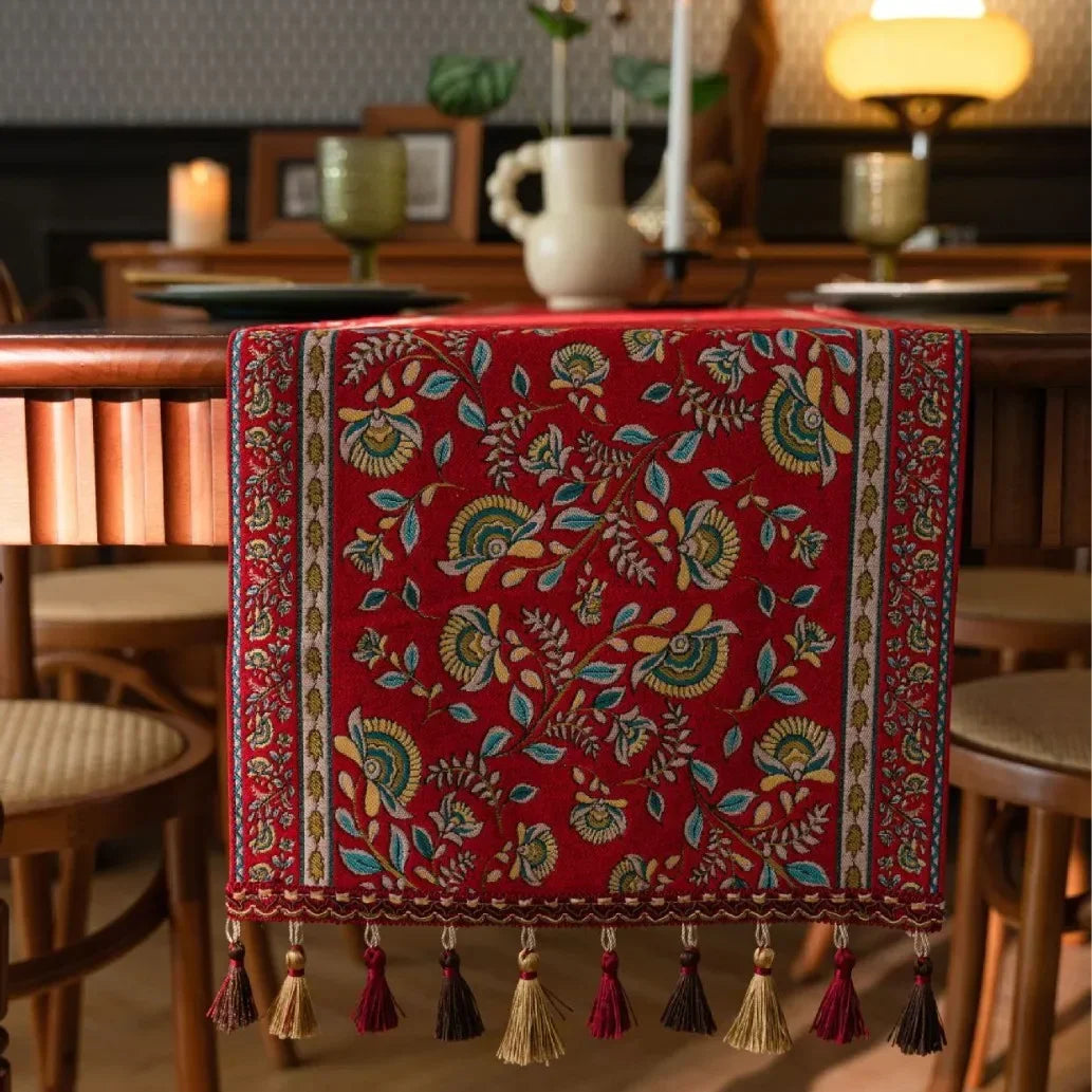 Runner da tavolo con nappe in jacquard per soggiorno, motivo: piante e fiori