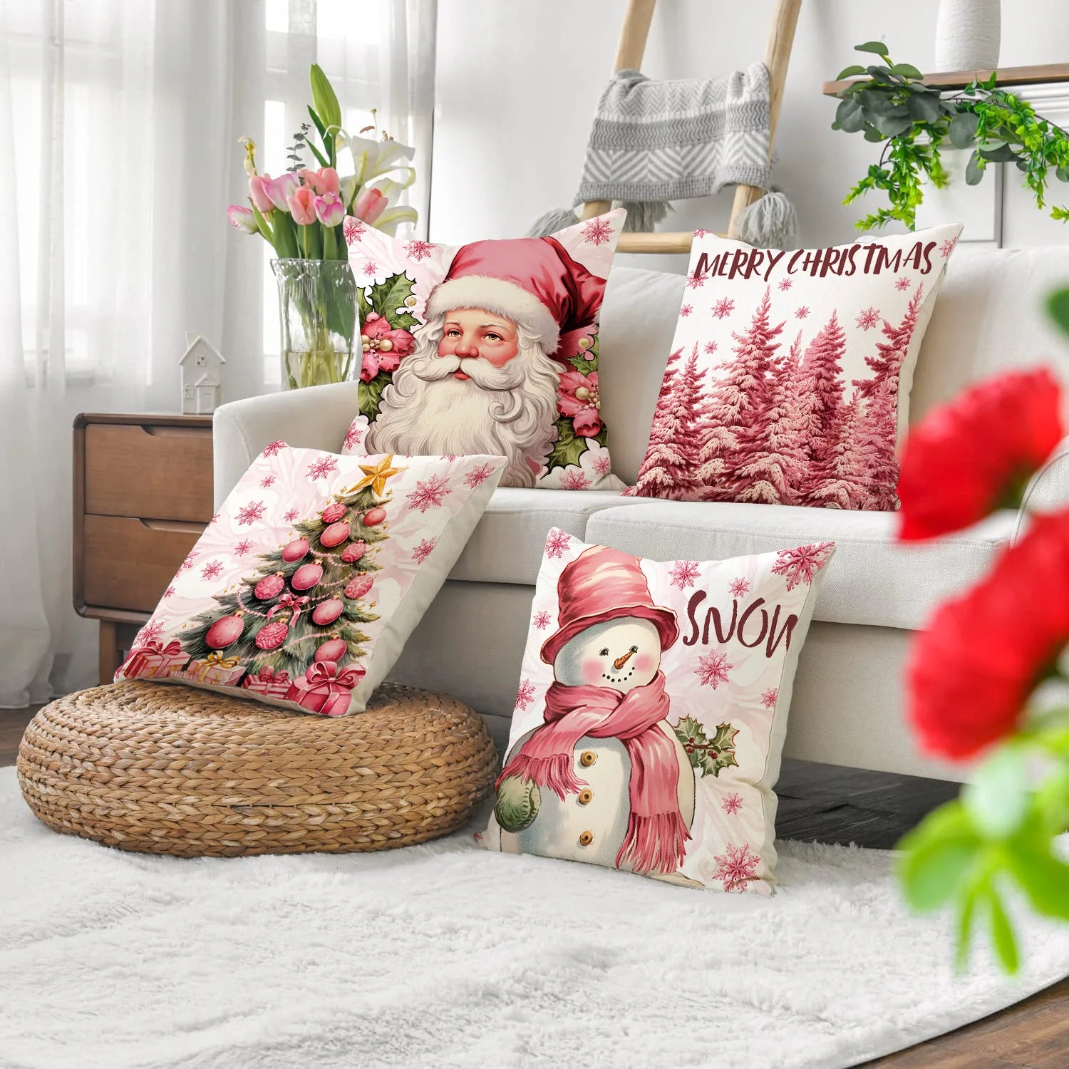 Federa natalizia rosa 45x45cm Babbo Natale, pupazzo di neve, albero di Natale.