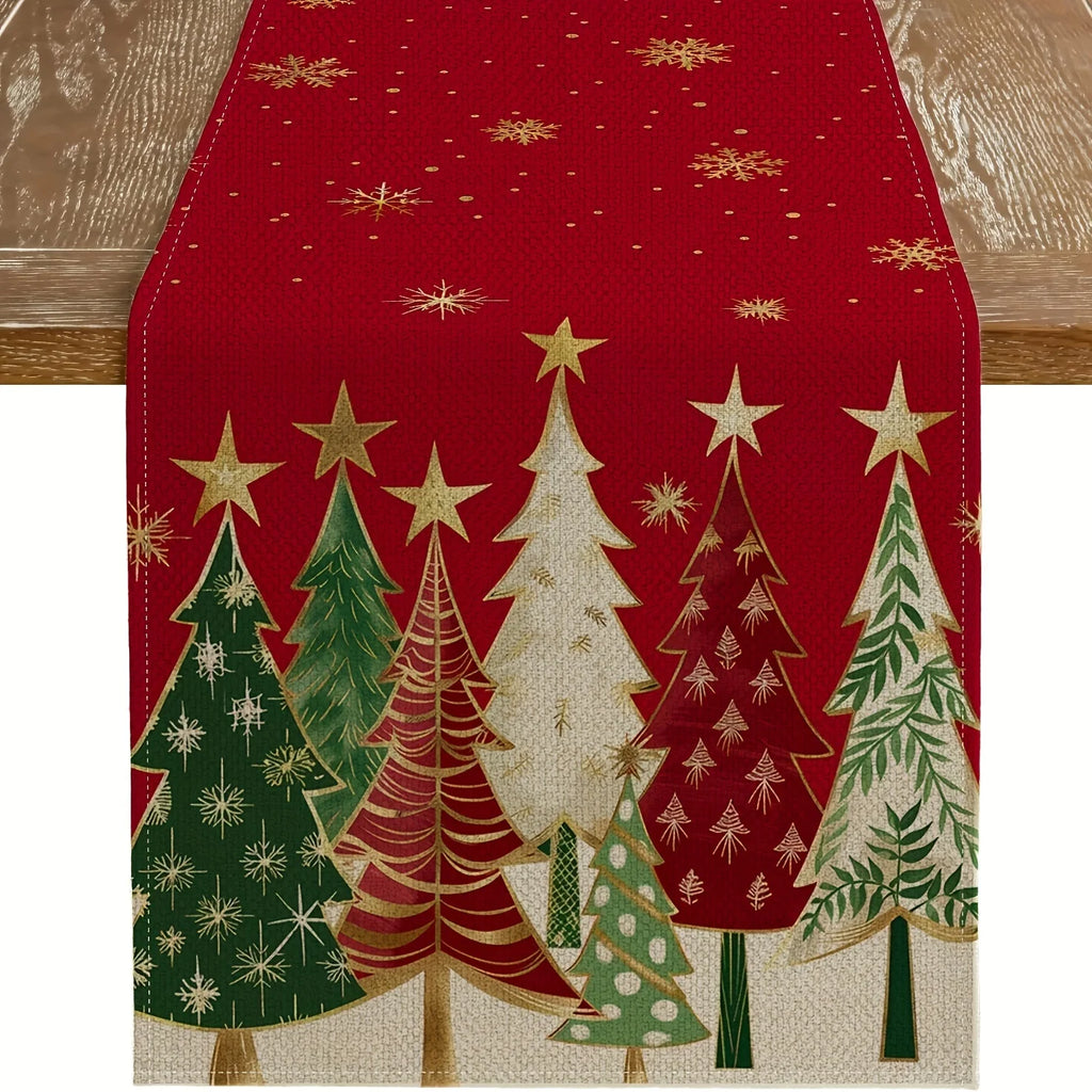 Camino de mesa festivo navideño rectangular con diseño de árboles y copos de nieve.