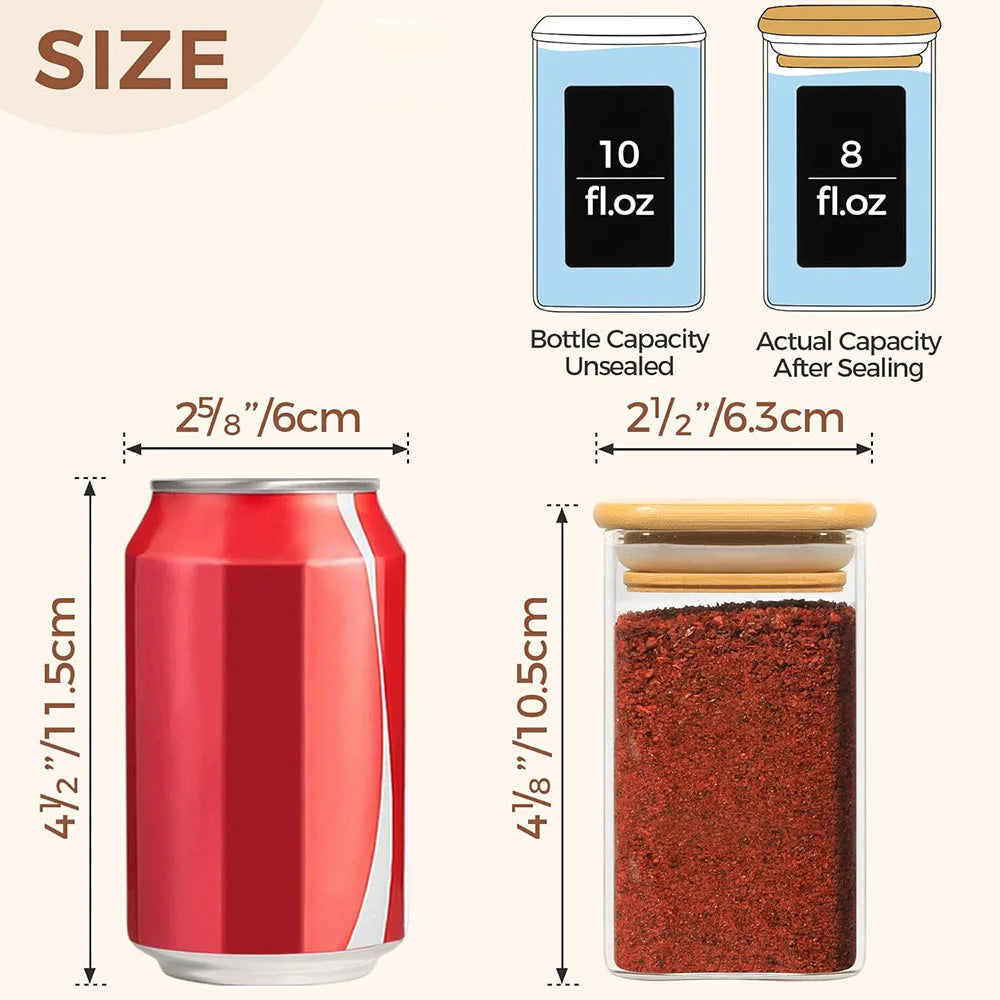 Gewürzgläser aus Glas mit Bambusdeckel, luftdichte quadratische Behälter mit 227 ml Fassungsvermögen.