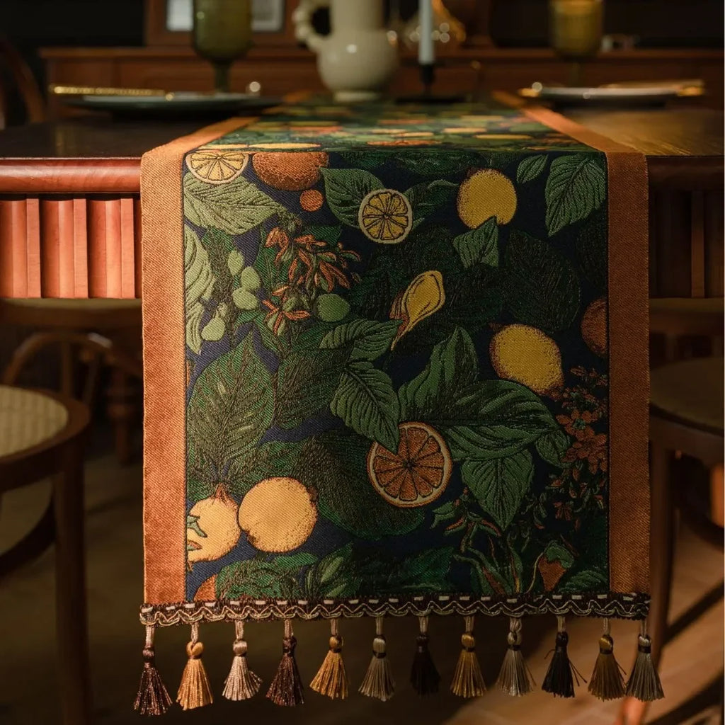 Runner da tavolo con nappe in jacquard per soggiorno, motivo: piante e fiori