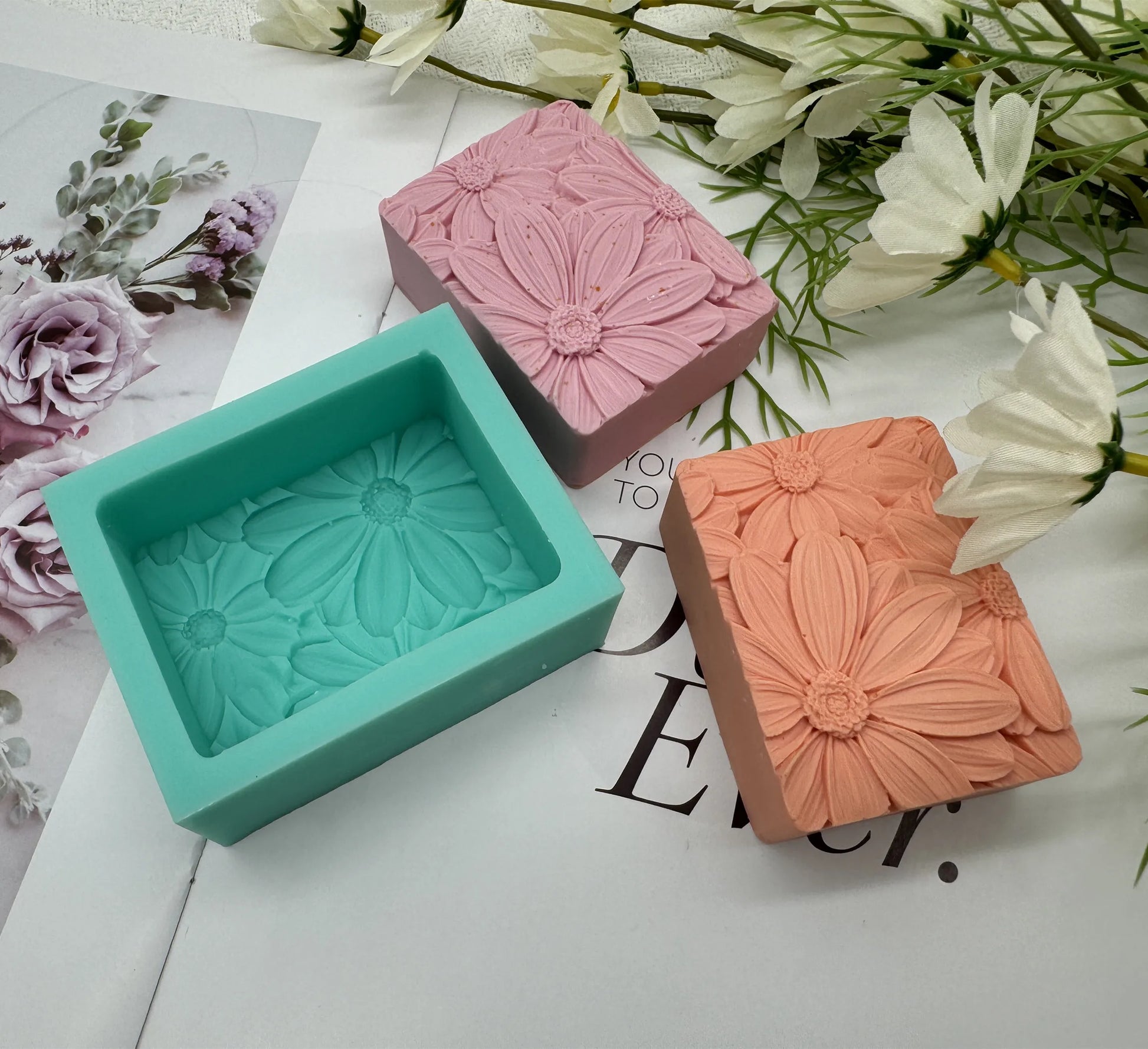 Elegante stampo per sapone a forma di girasole rettangolare 3D