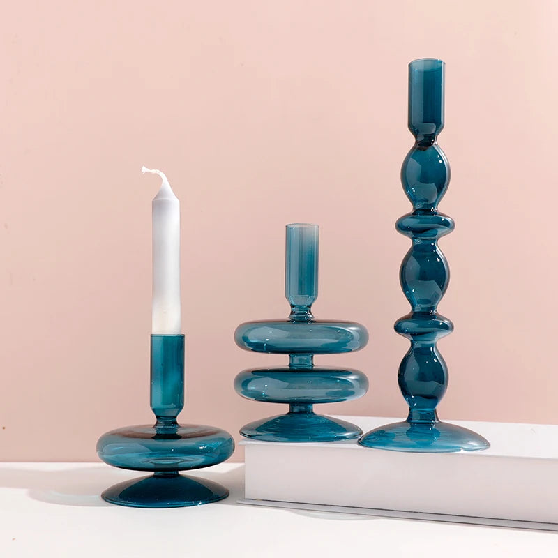 Portacandele in vetro blu navy con motivo a strisce floreali