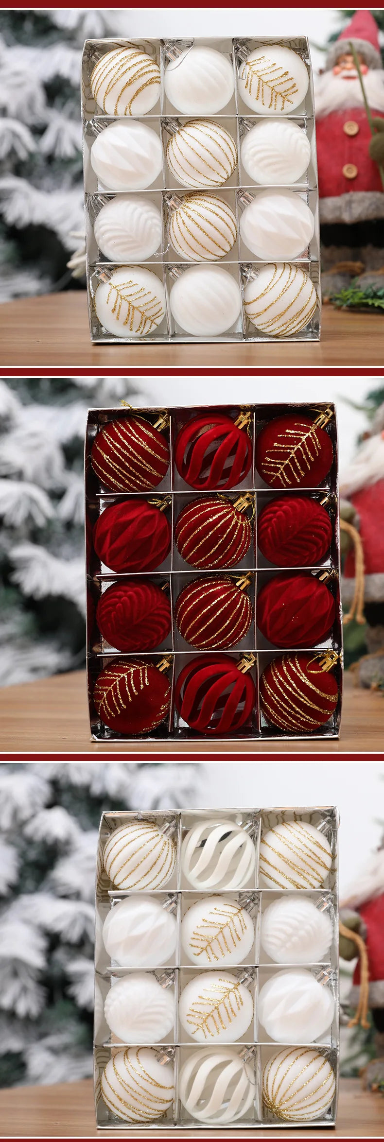 Decorazioni natalizie con palline rosso vino e albero di Natale bianco e verde scuro.