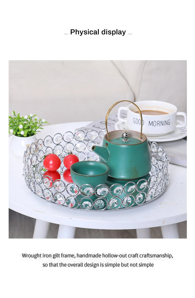 Vassoio rotondo in cristallo con specchio, vassoio da portata di lusso