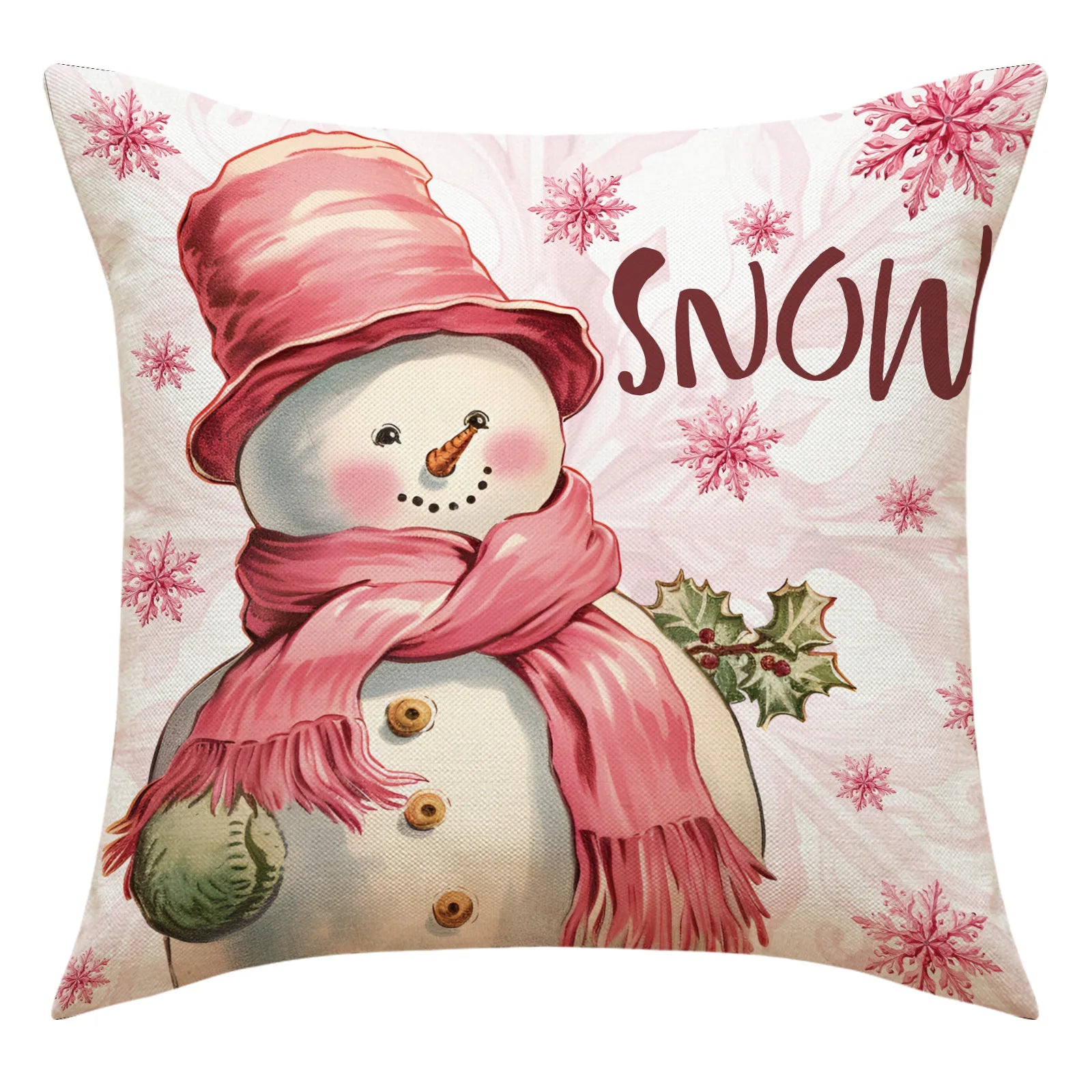 Federa natalizia rosa 45x45cm Babbo Natale, pupazzo di neve, albero di Natale.