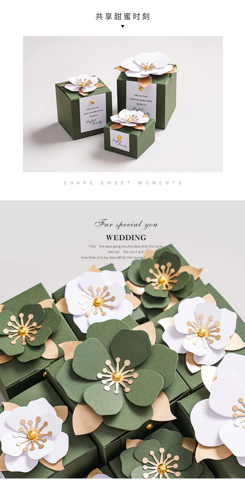 Scatola portaconfetti per matrimonio, verde, creativa, quadrata, personalizzata con fiori.