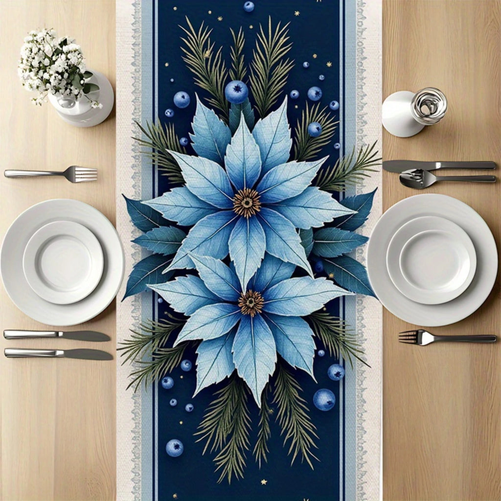 Runner da tavola natalizio, elegante decorazione da pranzo per le feste in blu navy con stella di Natale blu.