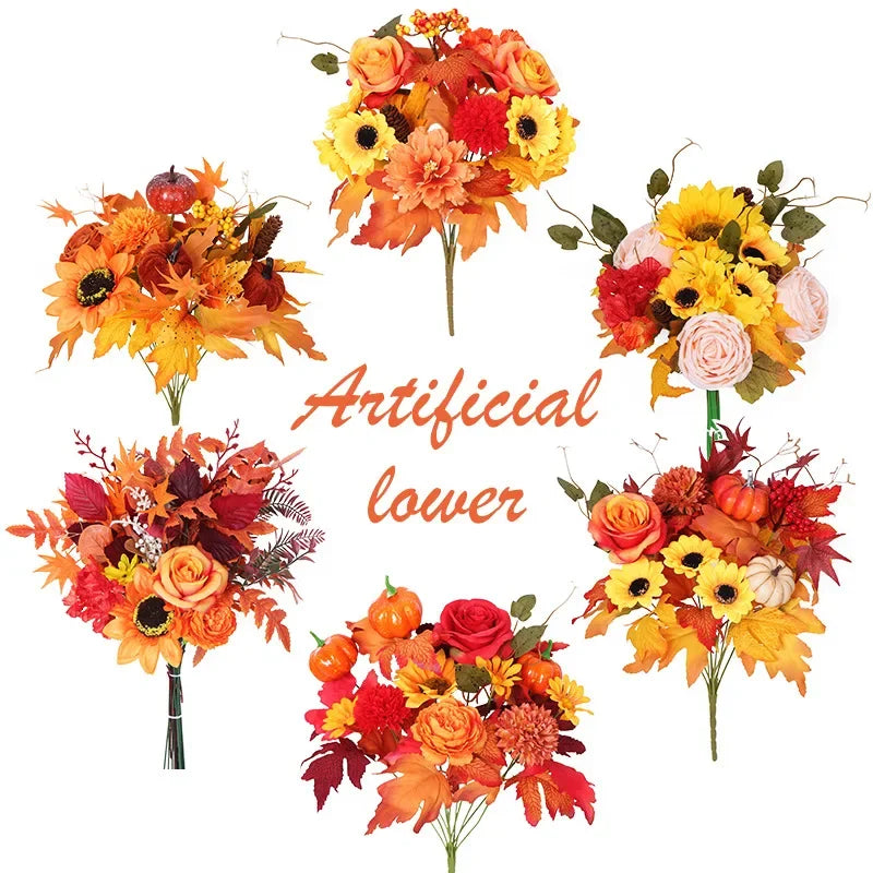 Bouquet di arance natalizie con girasoli artificiali e foglie d'acero