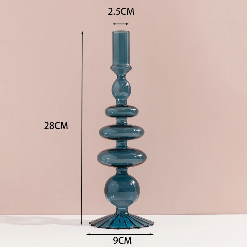 Portacandele in vetro blu navy con motivo a strisce floreali