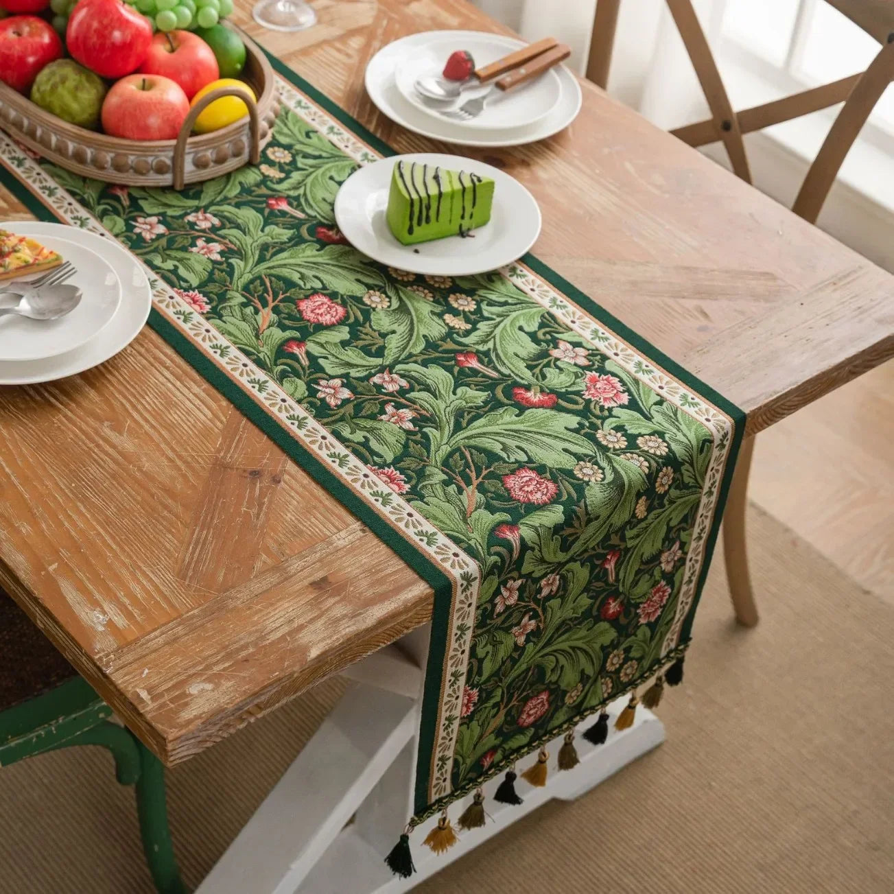 Runner da tavolo con nappe in jacquard per soggiorno, motivo: piante e fiori