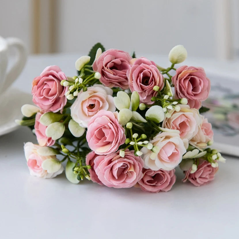 Rosa di seta per bouquet da sposa, fiore artificiale per la casa