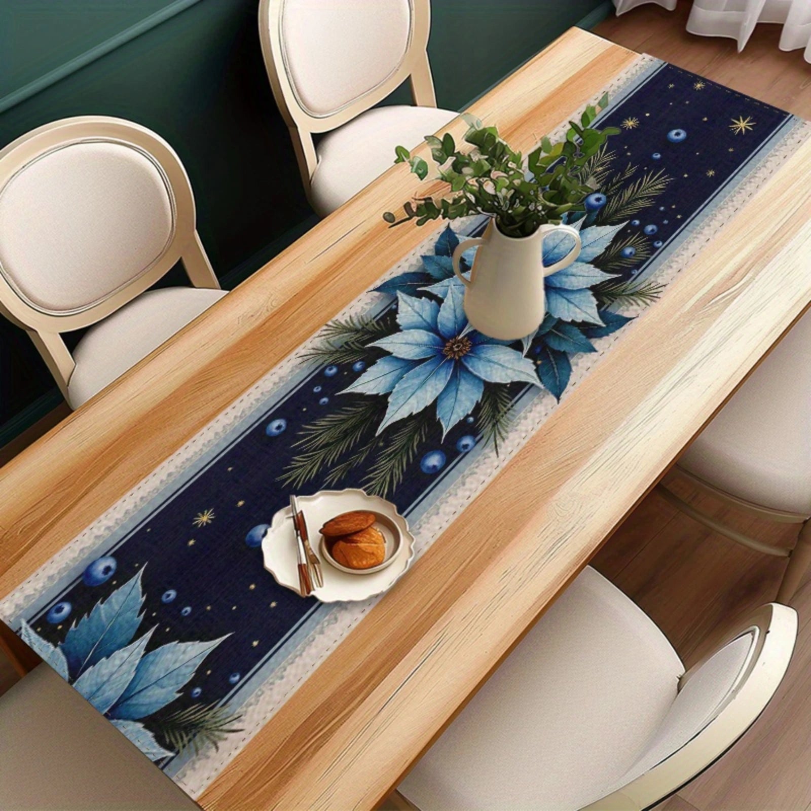 Runner da tavola natalizio, elegante decorazione da pranzo per le feste in blu navy con stella di Natale blu.
