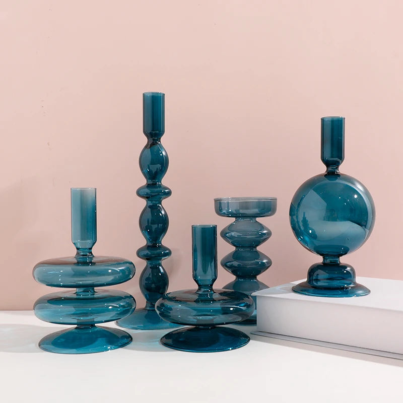 Portacandele in vetro blu navy con motivo a strisce floreali