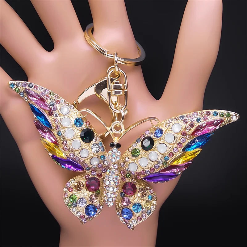 Portachiavi con ciondolo a farfalla in strass colorati color oro