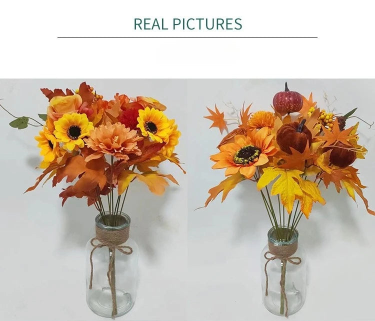 Bouquet di arance natalizie con girasoli artificiali e foglie d'acero