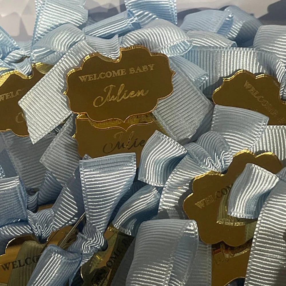 Etichette con nome per bomboniere di benvenuto per baby shower, 50 pezzi di etichette acriliche personalizzate.