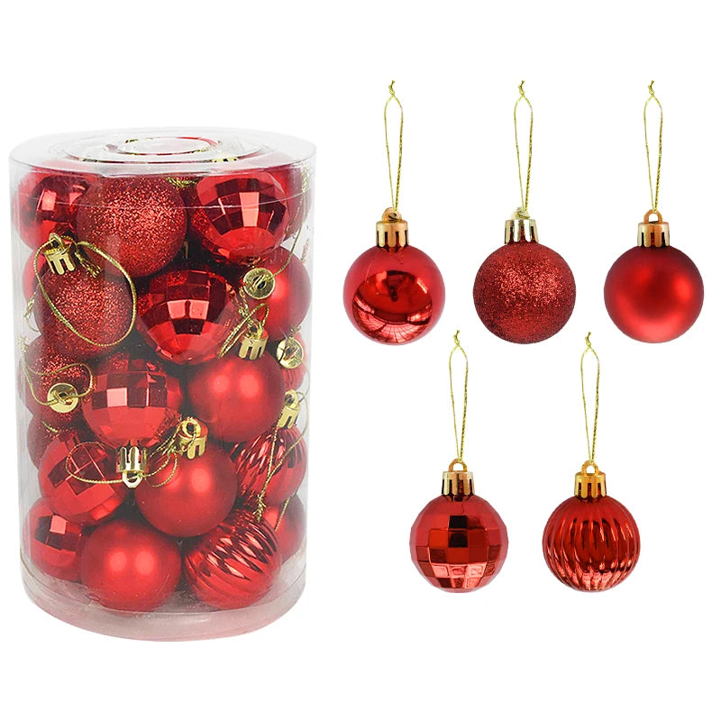 Palline di Natale decorative in plastica color rosa, oro e colori assortiti, confezionate in scatola.