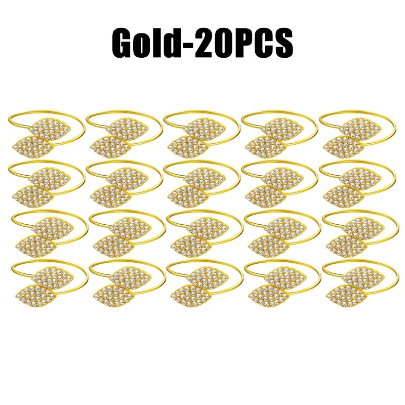 Anelli per tovaglioli con foglie, eleganti decorazioni da tavola in foglia d'oro.