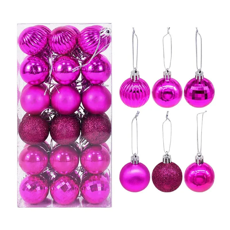 Palline di Natale decorative in plastica color rosa, oro e colori assortiti, confezionate in scatola.