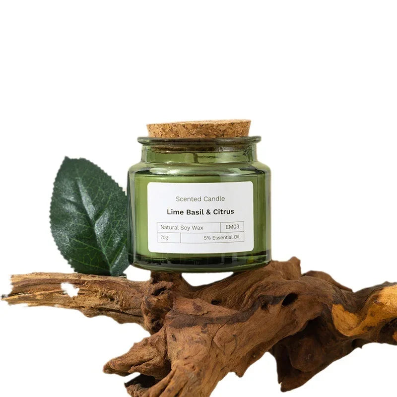 Candela per aromaterapia con piante naturali, senza fumo, in cera di soia verde, in vetro