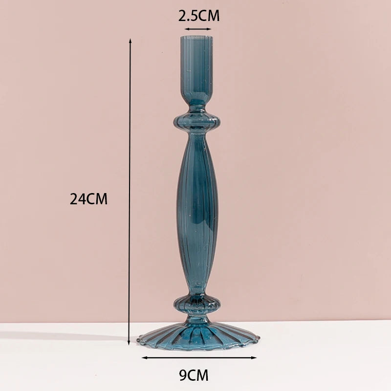 Portacandele in vetro blu navy con motivo a strisce floreali