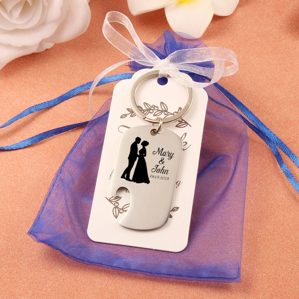 Apribottiglie con incisione laser personalizzata, portachiavi in ​​acciaio inossidabile dorato.