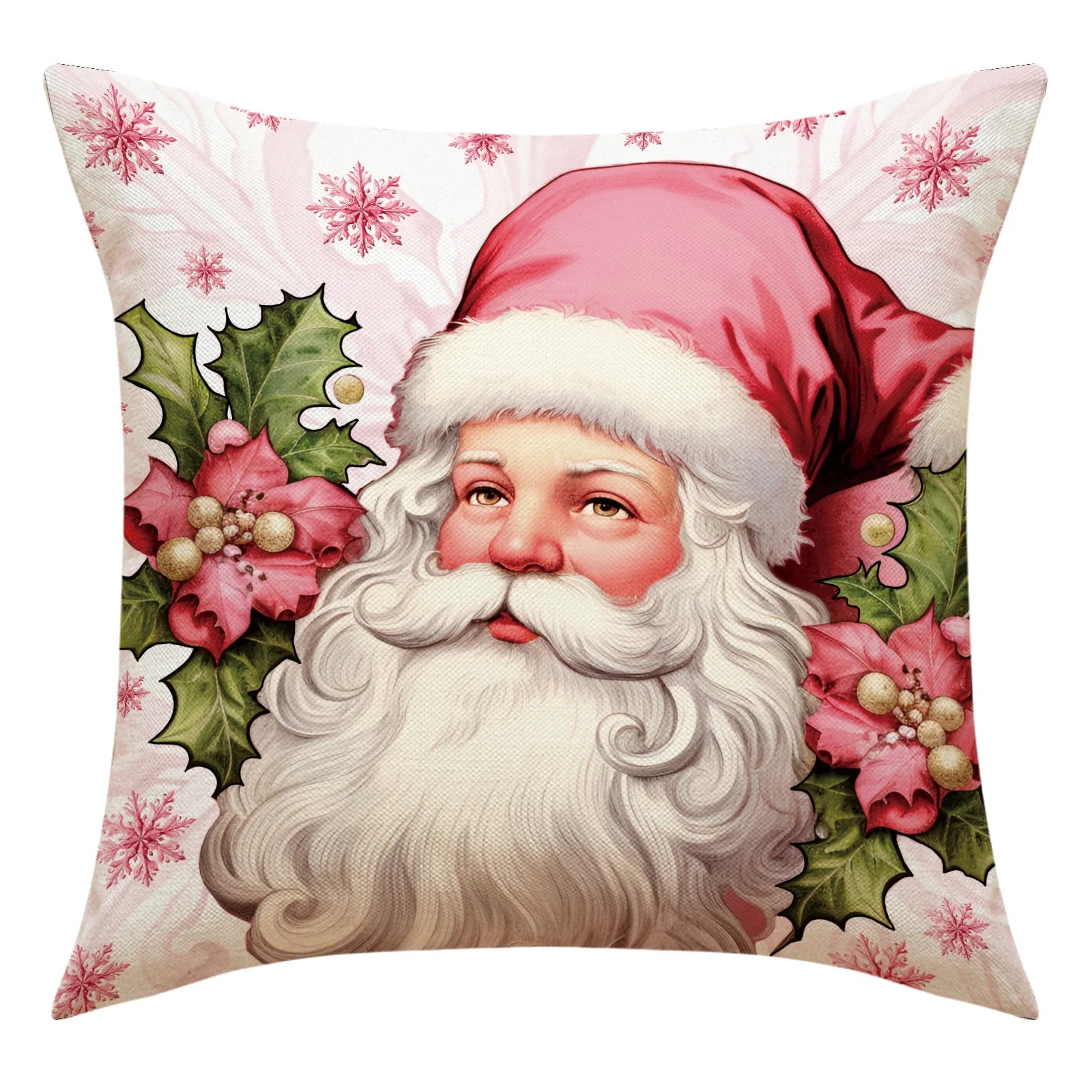 Federa natalizia rosa 45x45cm Babbo Natale, pupazzo di neve, albero di Natale.