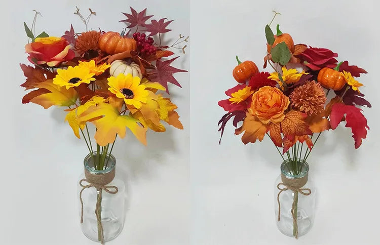 Bouquet di arance natalizie con girasoli artificiali e foglie d'acero