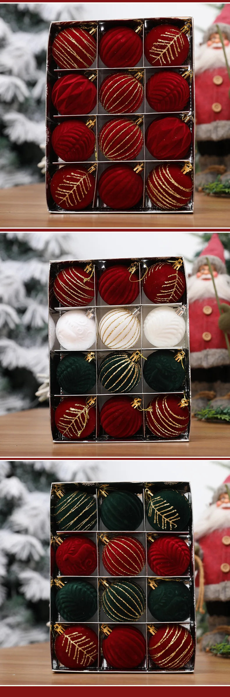 Decorazioni natalizie con palline rosso vino e albero di Natale bianco e verde scuro.