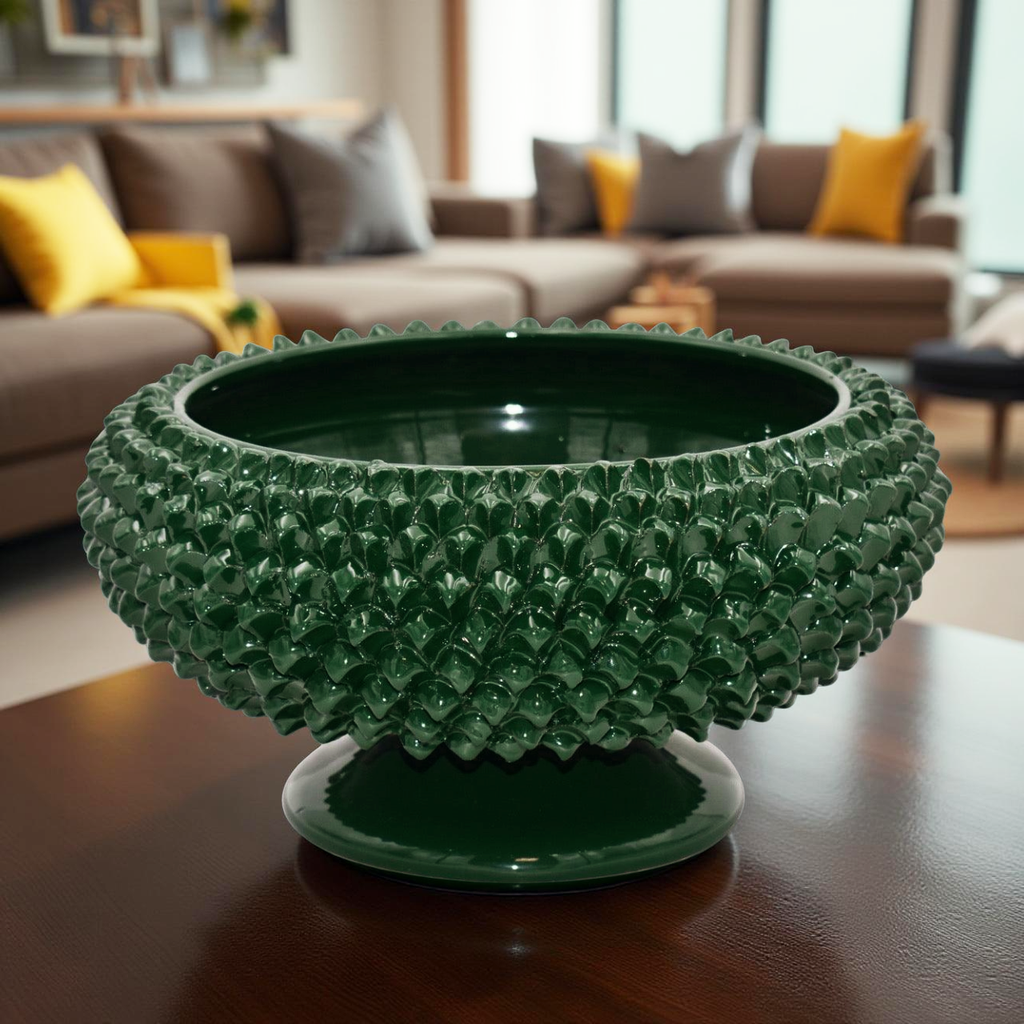 Alzata a Pigna di Caltagirone modellata a mano Verde Antico