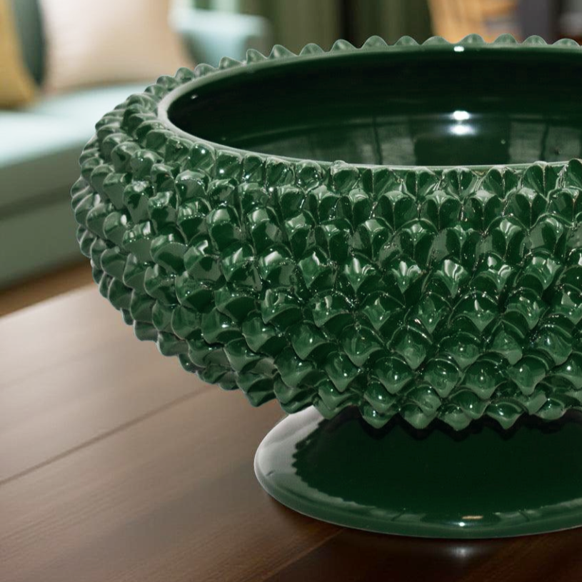 Alzata a Pigna di Caltagirone modellata a mano Verde Antico