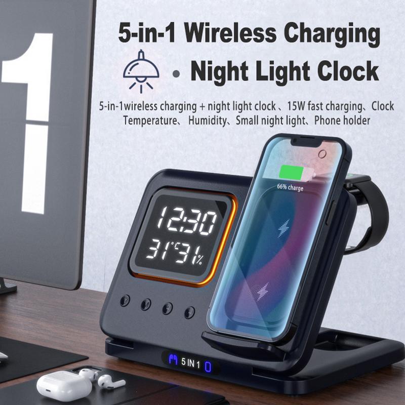Caricabatterie wireless con supporto 5 in 1, sveglia digitale a LED, ricarica rapida