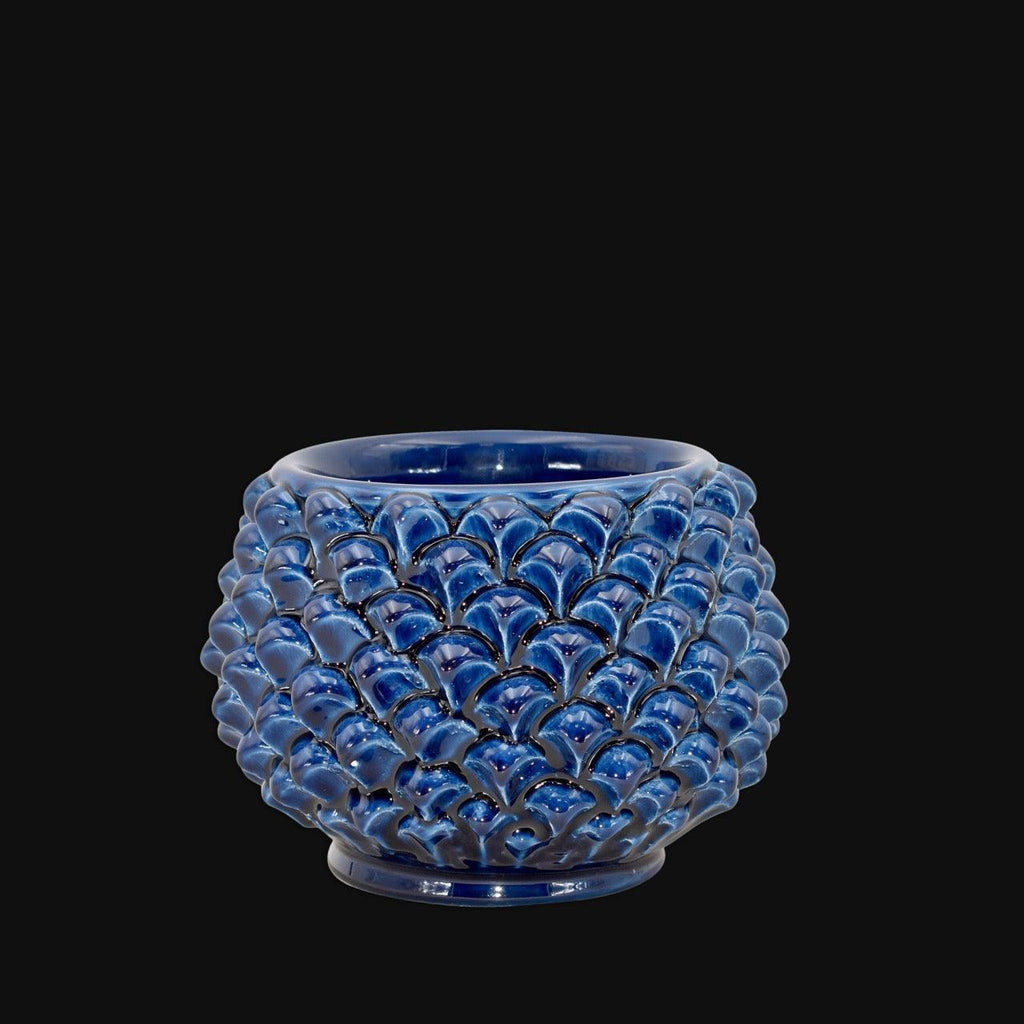 Vaso mezza pigna s/piede blu intenso in ceramica di Caltagirone